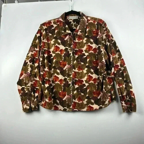 Dress Barn Sz L corduroy FallAutumn leaves color fabric zipper  jacket blouse - Picture 1 of 7